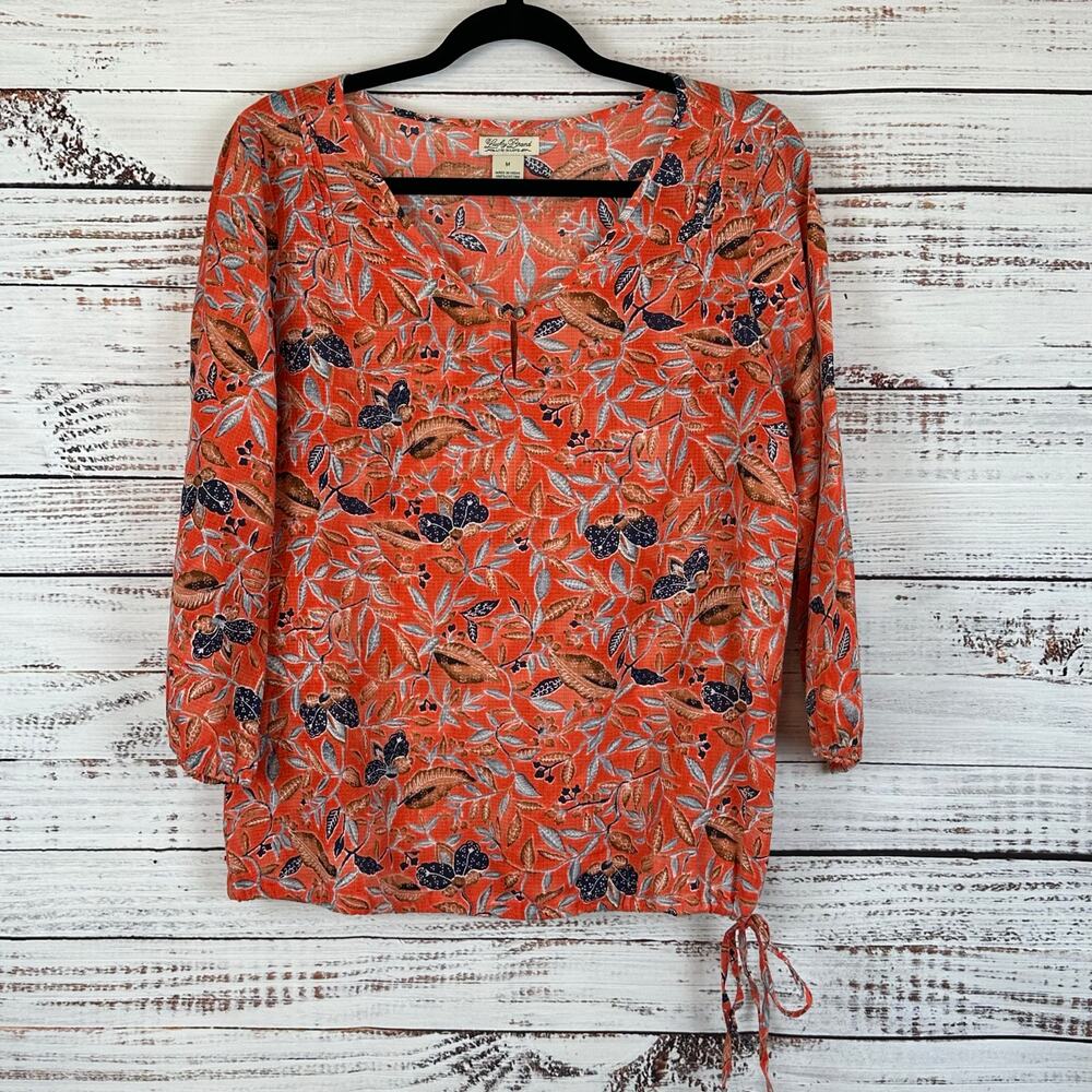 Lucky Brand Cotton Coral Floral Print 3/4 Sleeve Waist Tie V Neck Top Womens M